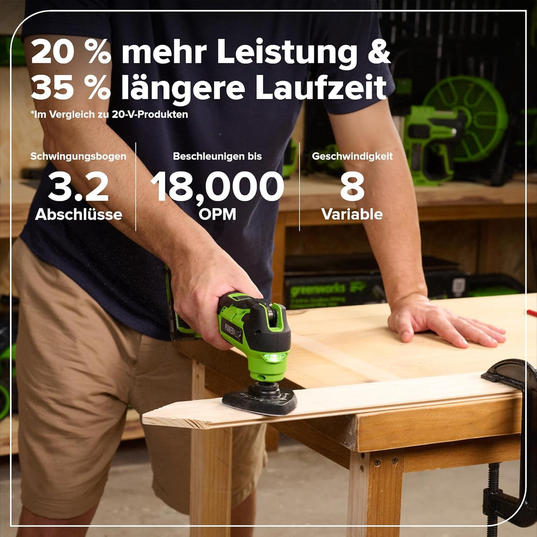 Greenworks 24V Akku-Multifunktionswerkzeug, 8 variable Geschwindigkeiten, bis zu 18.000 OPM, LED-Lic