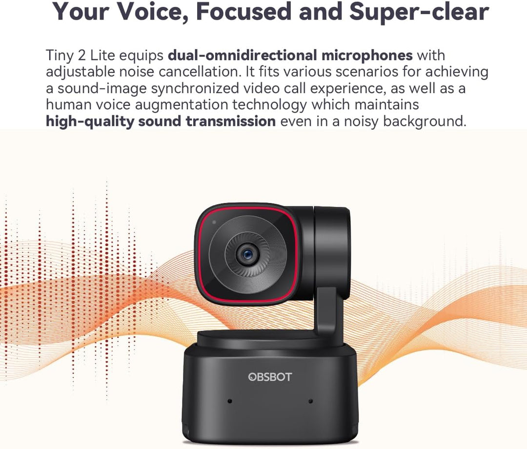 OBSBOT Tiny 2 Lite, PTZ 4K Webcam 1080P@60fps HDR, PC Kamera mit KI-Tracking, Mikros mit KI-Geräusch
