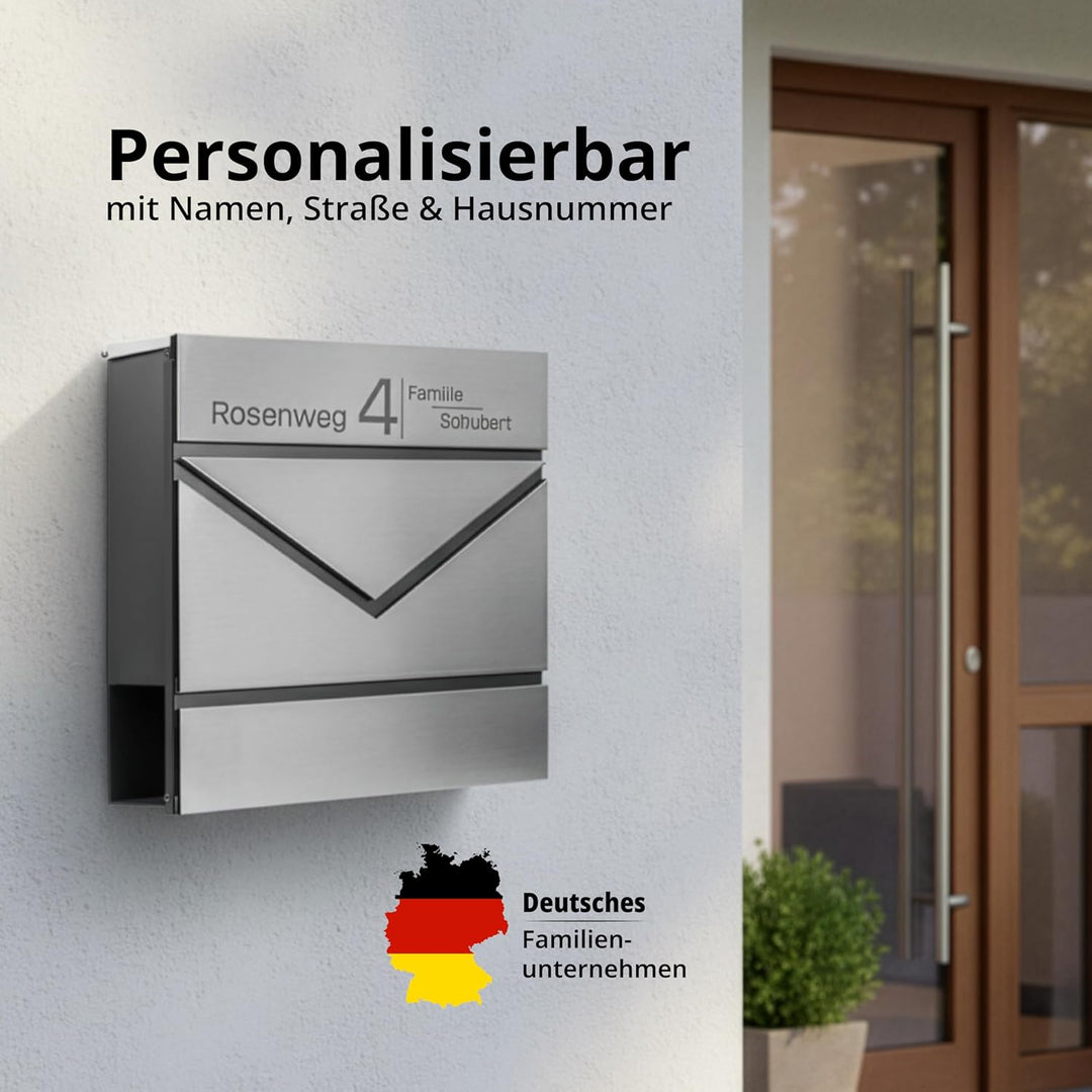 Grafner Premium Briefkasten personalisiert, Edelstahl mit Zeitungsfach und 2 Schlüssel, moderner Pos