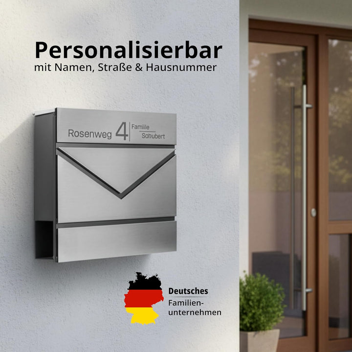Grafner Premium Briefkasten personalisiert, Edelstahl mit Zeitungsfach und 2 Schlüssel, moderner Pos