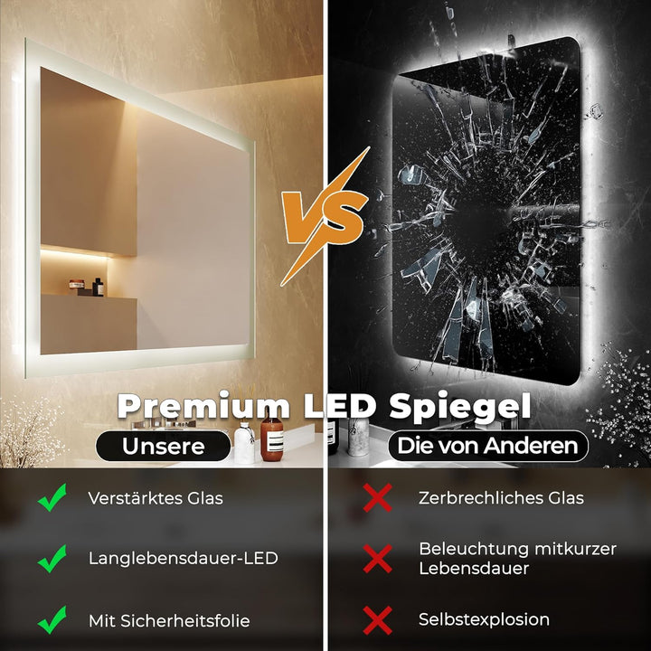 Spiegel mit Beleuchtung, 100x60x3.5cm, Badspiegel mit beleuchtung 6400K, Badezimmer LED-Spiegel, Ene