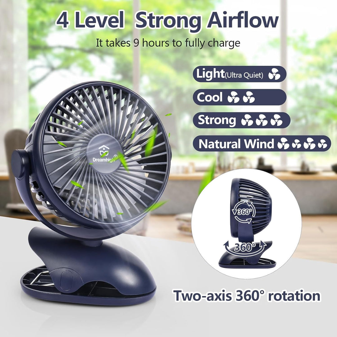 Dreamhigh® USB Ventilator 10000mAh, Maximale Akkulaufzeit 35 Stunden, 360° Drehung Mini Ventilator A