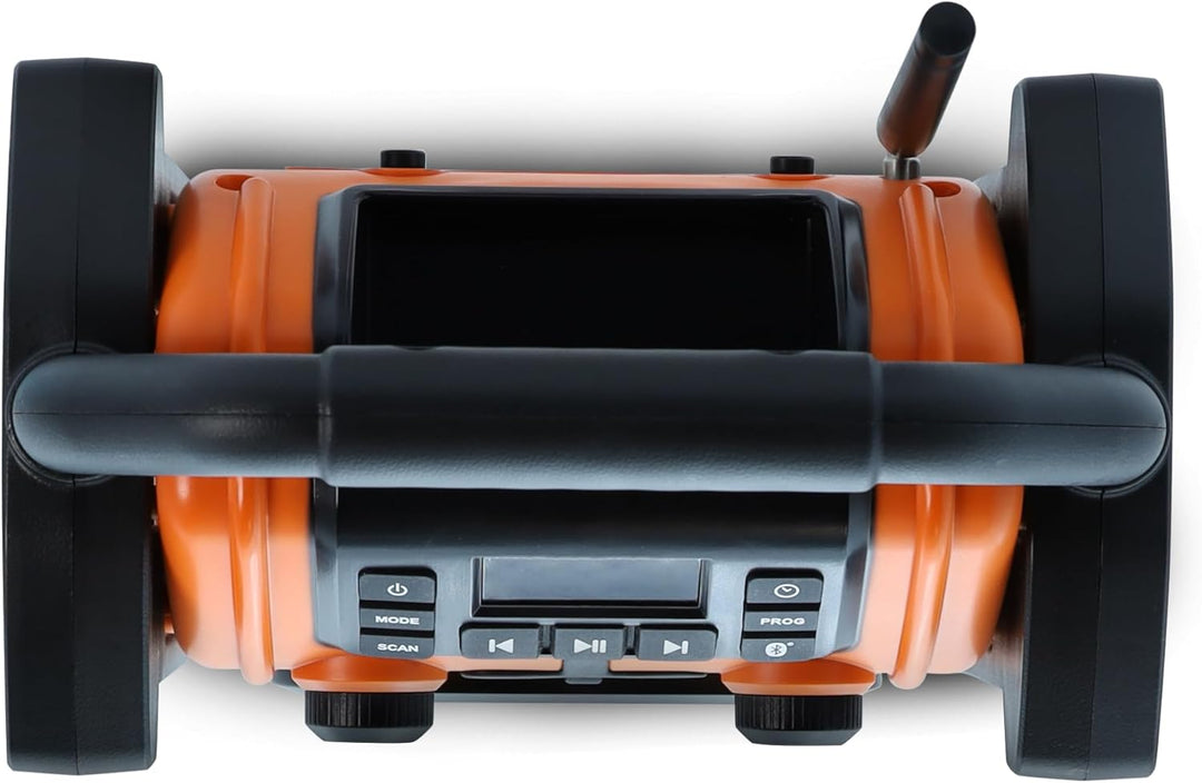 METRONIC 477227 Baustellenradio FM Bluetooth mit wiederaufladbarem Backup-Akku – robust, stossfest,