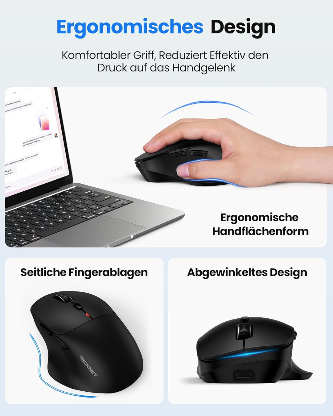 TECKNET Bluetooth Maus Wiederaufladbar, Maus Kabellos (Tri-Modi: BT5.0/3.0 + 2.4G) mit Ergonomische