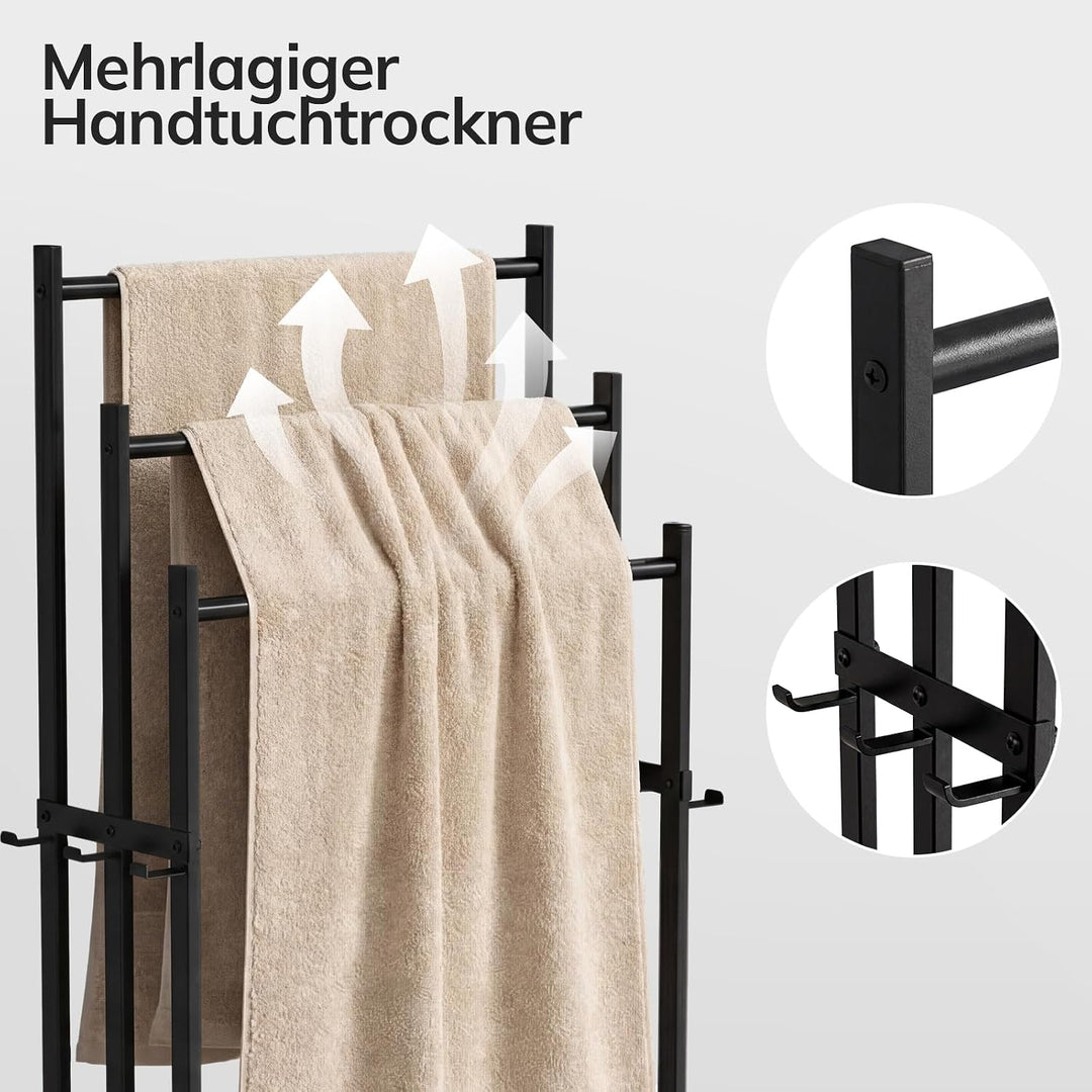 Handtuchhalter stehend schwarz mit Haken, 3-stufiger Handtuchständer freistehend ohne Bohren, stabil