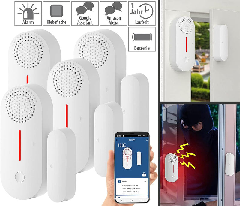 VisorTech Türkontakt Alarm WLAN: 4er-Set 2in1-WLAN-Tür- & Fensteralarm, Sirene, App und Sprachsteuer