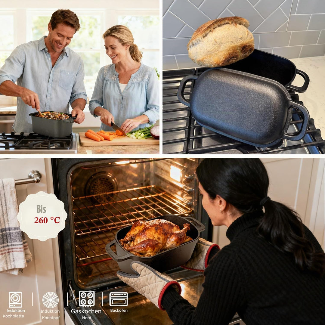 Gusseisen Brotbacktopf mit Deckel & Gärkorb – Dutch Oven für Sauerteigbrot – 4,6L Brotform mit Banne