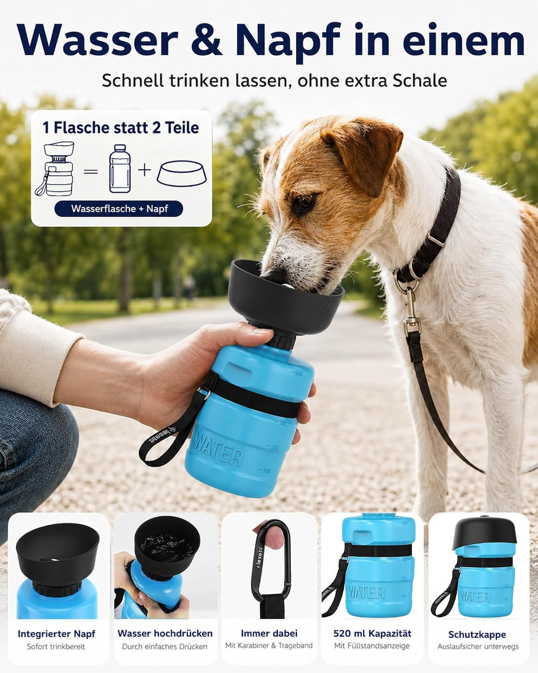 lesotc 520ml Hundetrinkflasche für unterwegs, Faltbare Hund Auslaufsicher Wasserflasche, Hunde Wasse