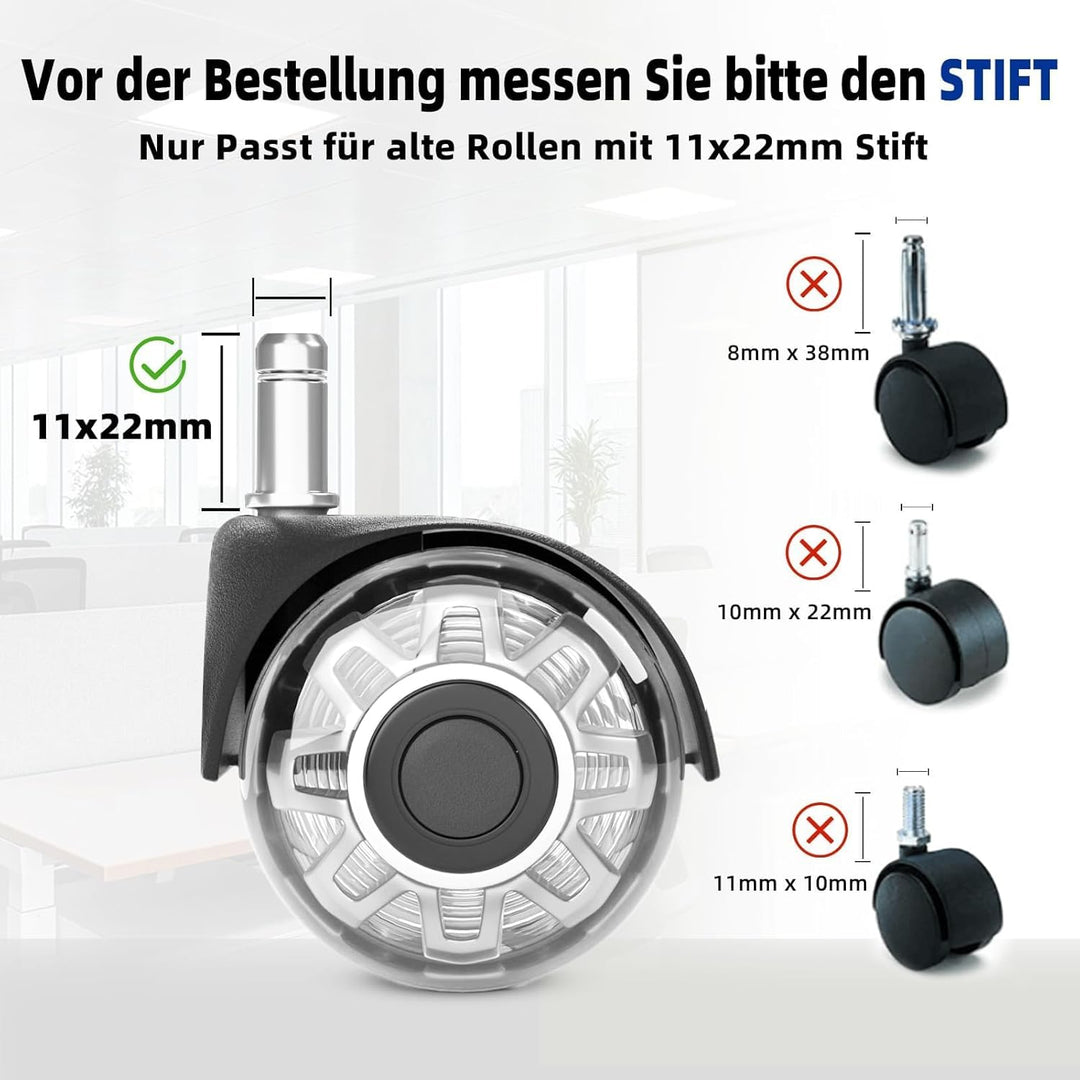 Bürostuhl Rollen 11mm x 22 mm, 5er Set Rollen für Bürostühle, Super Leise und Weiche für Hartböden,