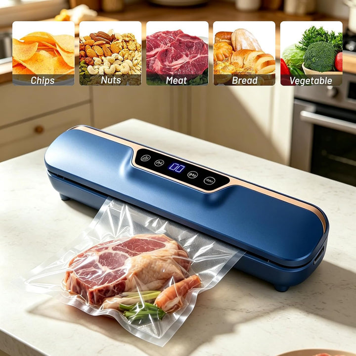 Vakuumiergerät 120W, 4 Modi Doppelsiegelung 50 Beutel (Blau) | Automatisch für trockene &amp; feuchte Le