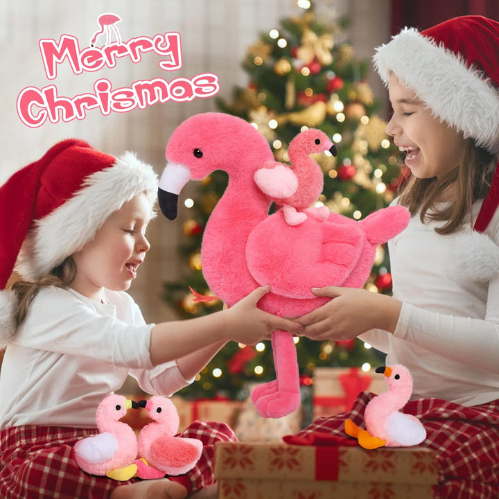 MorisMos 45cm sitzend Plüsch Flamingo mit 4 Baby im Bauch, Rosa Süss Kuschelig Flamingon Plüschtier