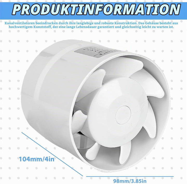 Kanal Rohrventilator 100mm Abluftventilator Rohrlüfter, Kanalventilator Badlüfter mit Kabel mit Scha