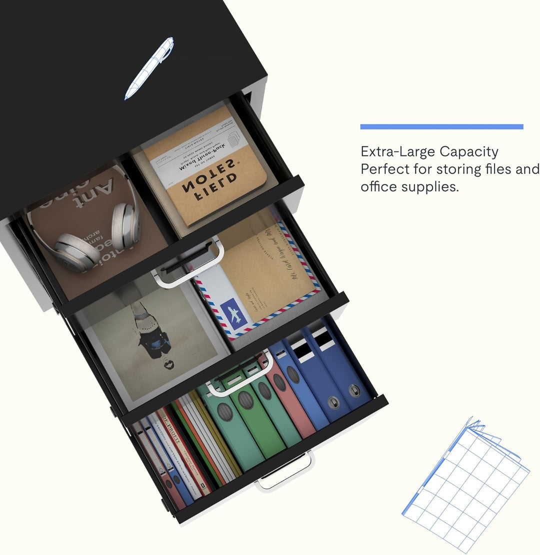 FLEXISPOT Rollcontainer Büroschrank mit 3 Schubladen, Aktenschrank Metallschrank Kommode mit Rädern,