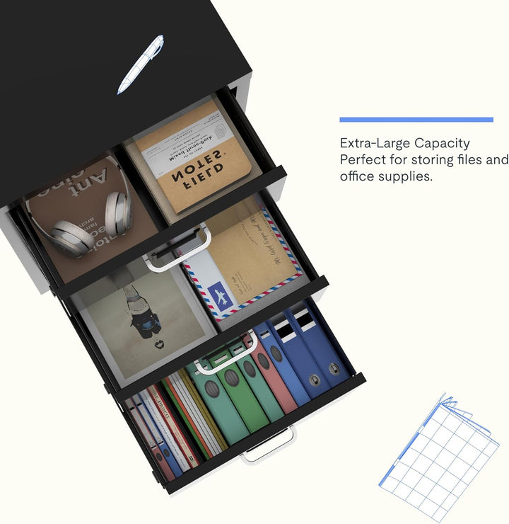 FLEXISPOT Rollcontainer Büroschrank mit 3 Schubladen, Aktenschrank Metallschrank Kommode mit Rädern,