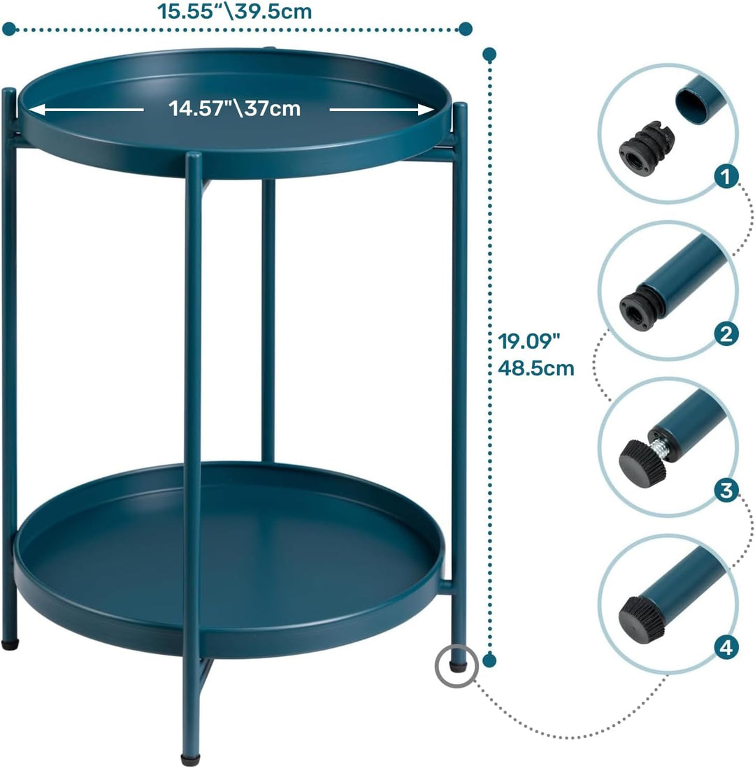HollyHOME Runder Beistelltisch, 2 Ebenen Beistelltisch Metalltablett, Snacktisch, Couchtisch, Teetis
