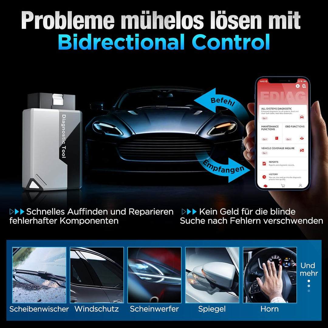 KINGBOLEN EDIAG Elite OBD2 Diagnosegerät Bluetooth,Auto Auslesegerät mit Vollständige System,15 Rese