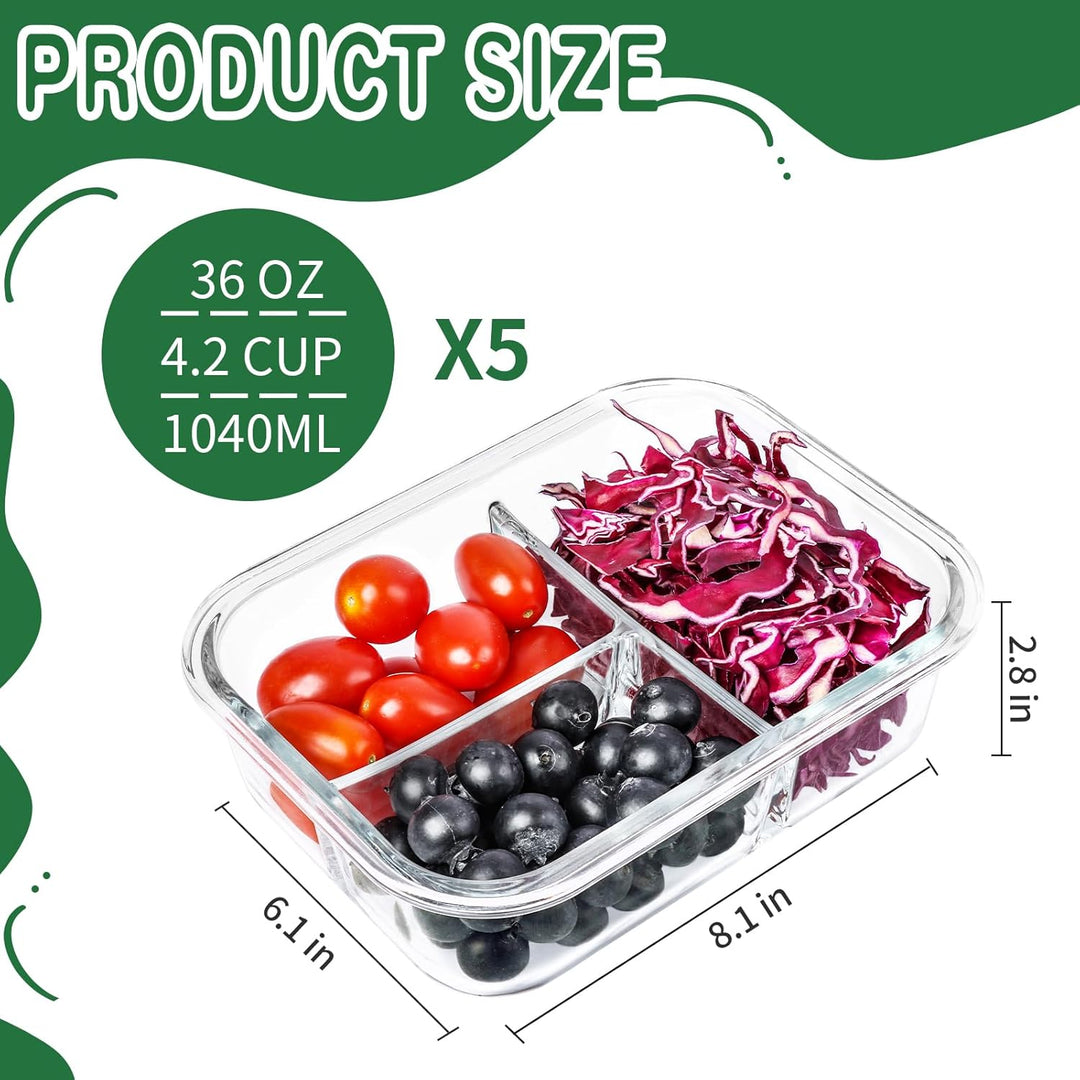 3 FäCher Glas-Frischhaltedosen Set für Lebensmittel,10Teile (5 Deckel & 5 Behälter), Skroam Aufbewah
