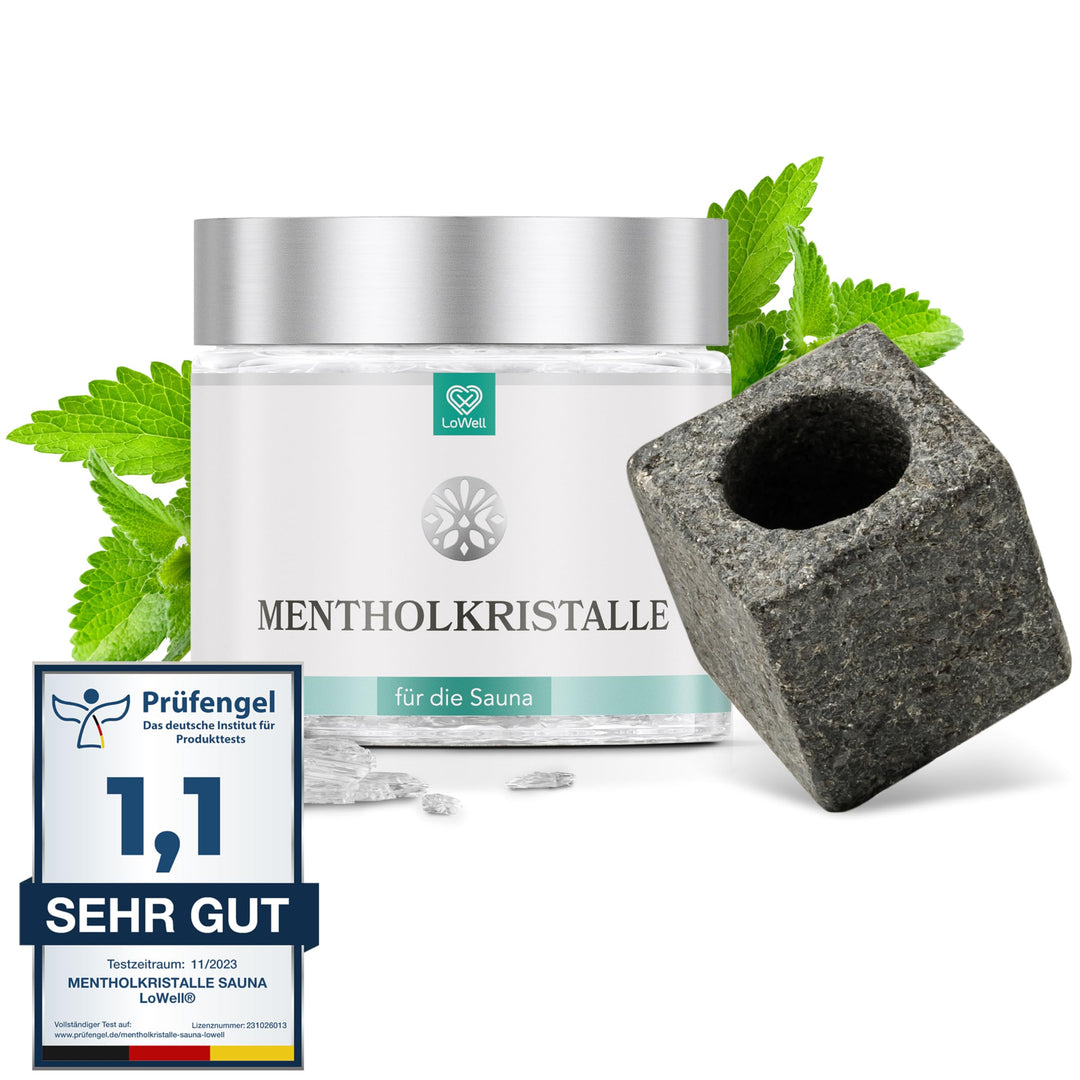 LoWell - Sauna Set Mentholkristalle 100g + Aufgussstein - Perfekte Kombination und Ideal als Geschen