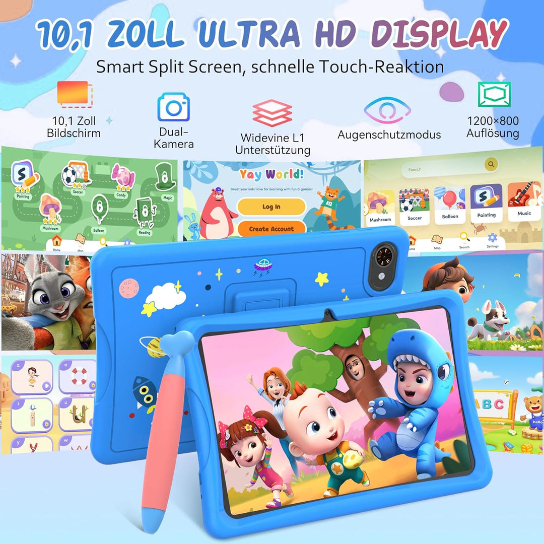 TABWEE K10 Kinder Tablet 10 Zoll, 12 GB RAM + 64 GB ROM (TF 2 TB) Kids Tablet mit Elternkontrolle, S