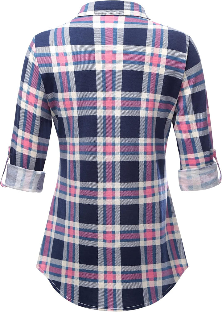DJT Damen Weiches Gestrick Karierte Bluse Langarm 3/4 Ärmel Roll Up Ärmel Hemdbluse Button-down Blus