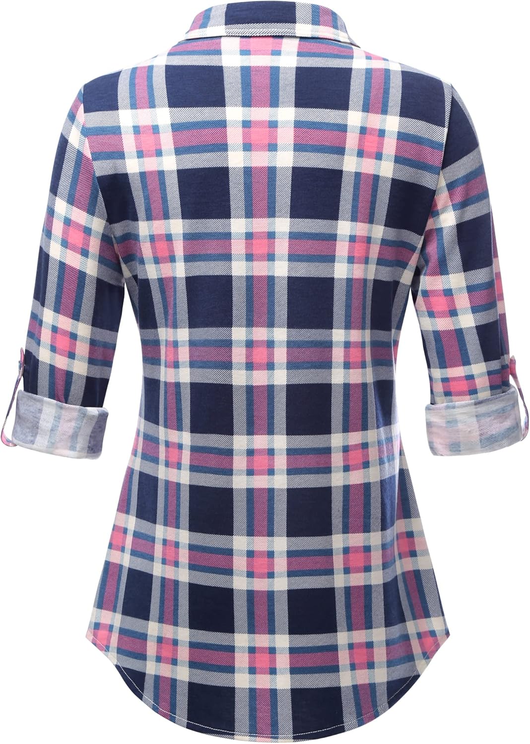 DJT Damen Weiches Gestrick Karierte Bluse Langarm 3/4 Roll Up Ärmel Hemdbluse Button-down Blusen Top