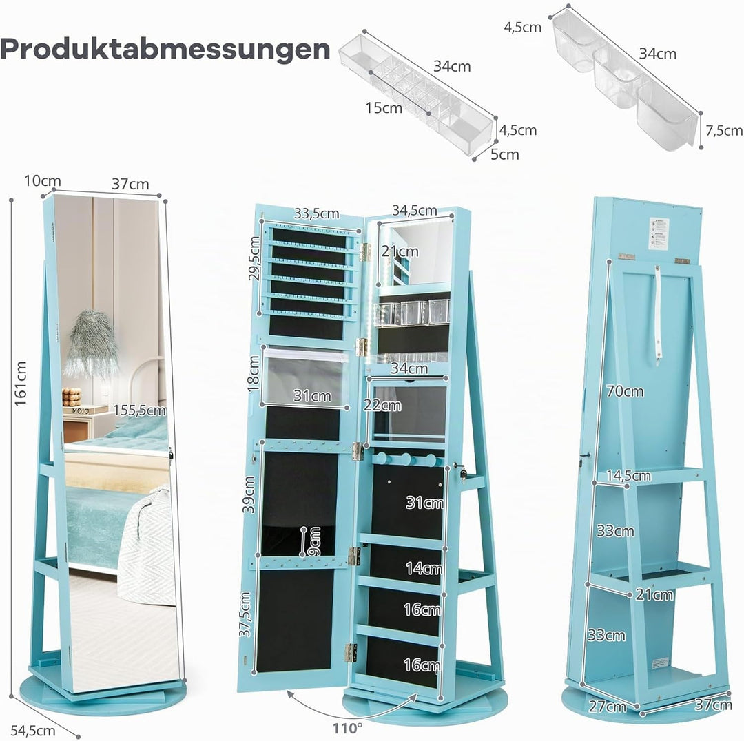 COSTWAY Schmuckschrank mit LED, Spiegelschrank 360° drehbar, mit rahmenlosem Ganzkörperspiegel, Schm