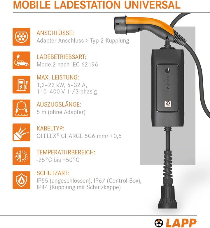 Lapp Mobility Typ 2 Ladestation 22kW / ohne Adapter / 32 A / 3-Phasig/E-Auto Ladekabel/Mode 2 / 6m /
