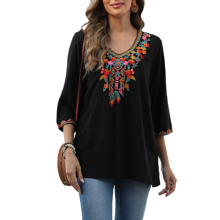 Seasonal Boho Tunika Damen Sommer Mexikanische Blumen Bestickt V-Ausschnitt Top 3/4 Ärmel Hippie Los