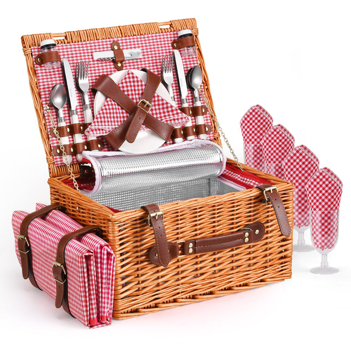 Picknickkorb 4 Personen,Picknickkorb mit Kühlfach und wasserdichte Picknickdecke, Piknik Korb Set mi