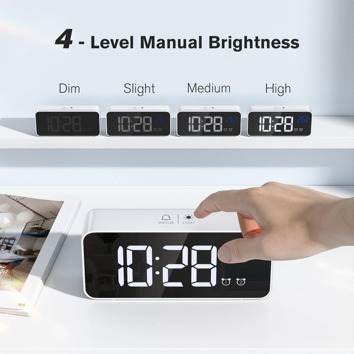 Wecker Digital, LED Digitaluhr mit Temperaturanzeige Tragbarer Spiegelalarm Tischuhr mit 2 Alarmen 1