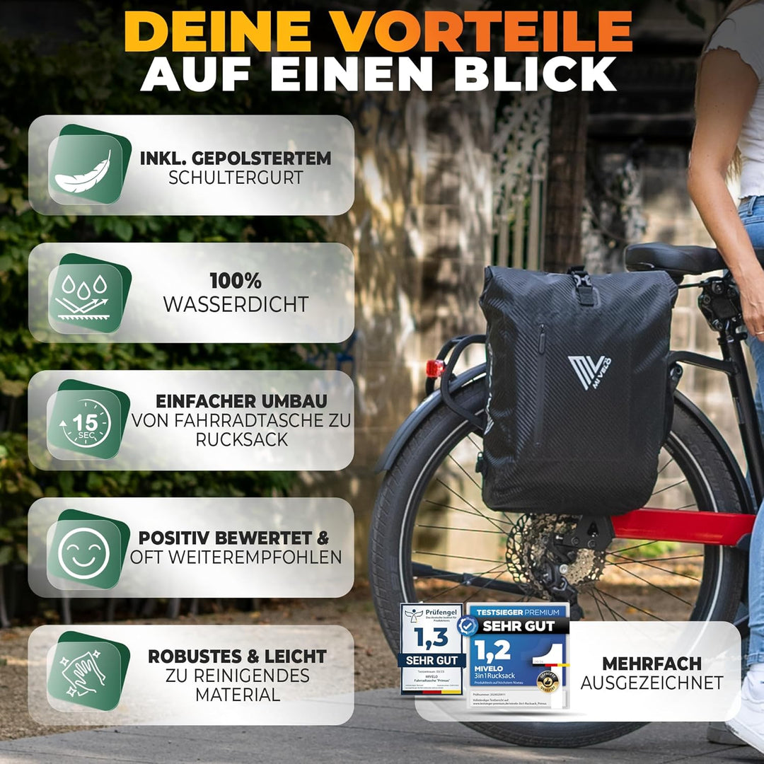MIVELO - 3 in 1 Fahrradtasche - Rucksack - Schultertasche wasserdicht 100% PVC frei, mit Laptopfach