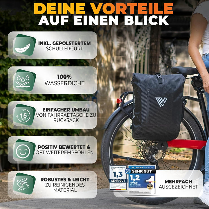 MIVELO - 3 in 1 Fahrradtasche - Rucksack - Schultertasche wasserdicht 100% PVC frei, mit Laptopfach