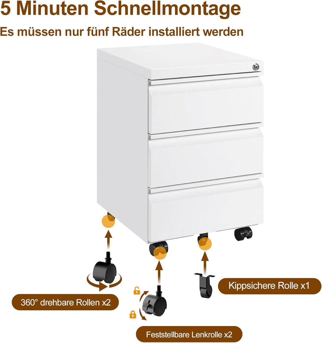 Rollcontainer, Mobiler Aktenschrank mit Schloss, 4 Schlüssel, 3 Schubladen, Büroschrank aus Metall,
