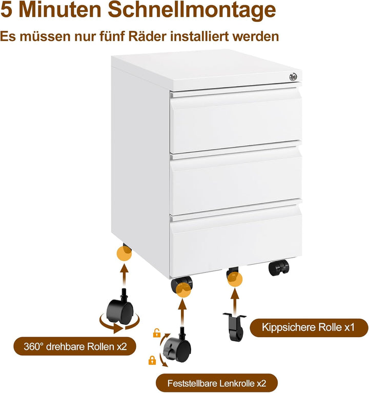 Rollcontainer, Mobiler Aktenschrank mit Schloss, 4 Schlüssel, 3 Schubladen, Büroschrank aus Metall,
