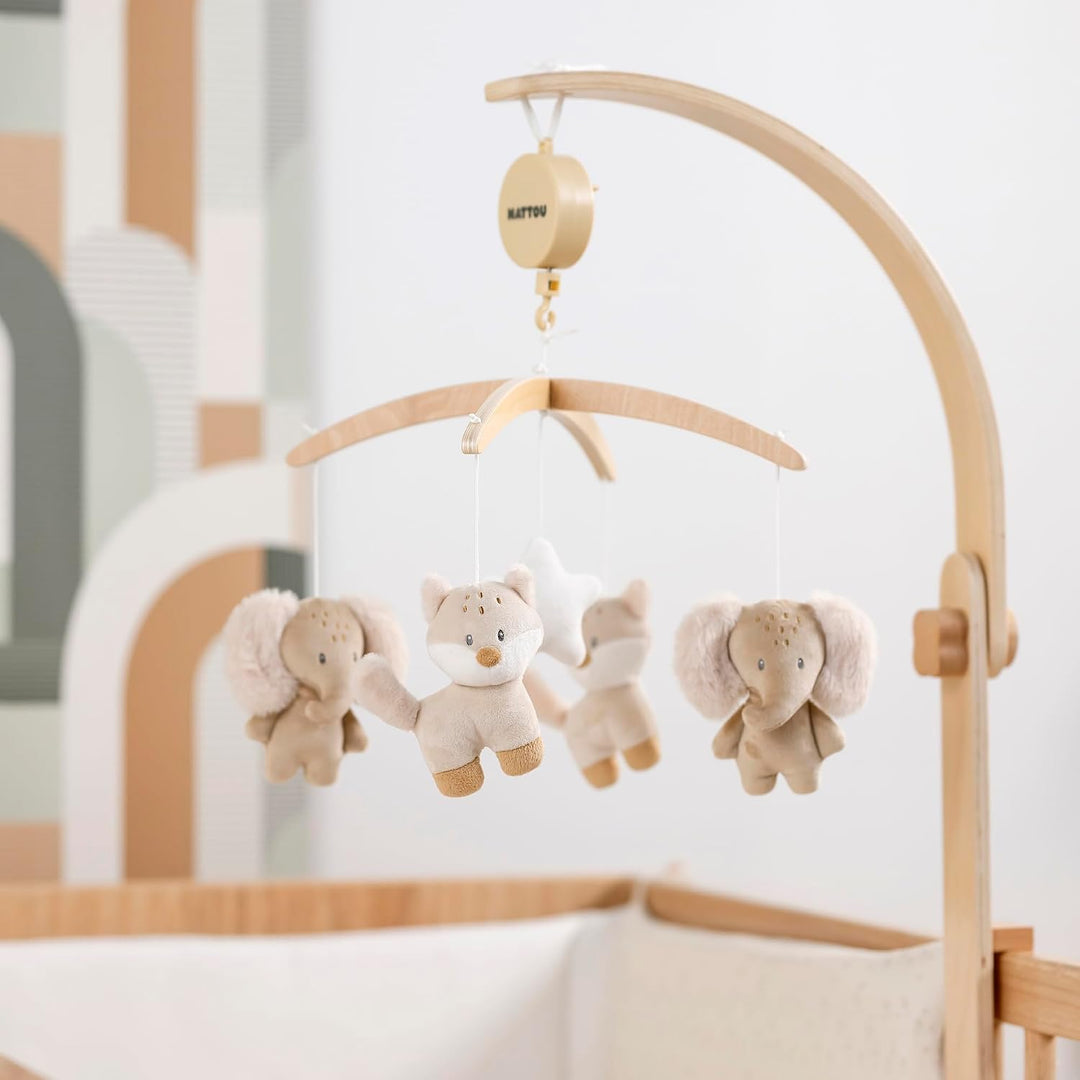 Nattou Mobile mit Spieluhr aus Holz und Polyester, Fuchs und Elefant, Sanftes Wiegelied "La-Le-Lu",