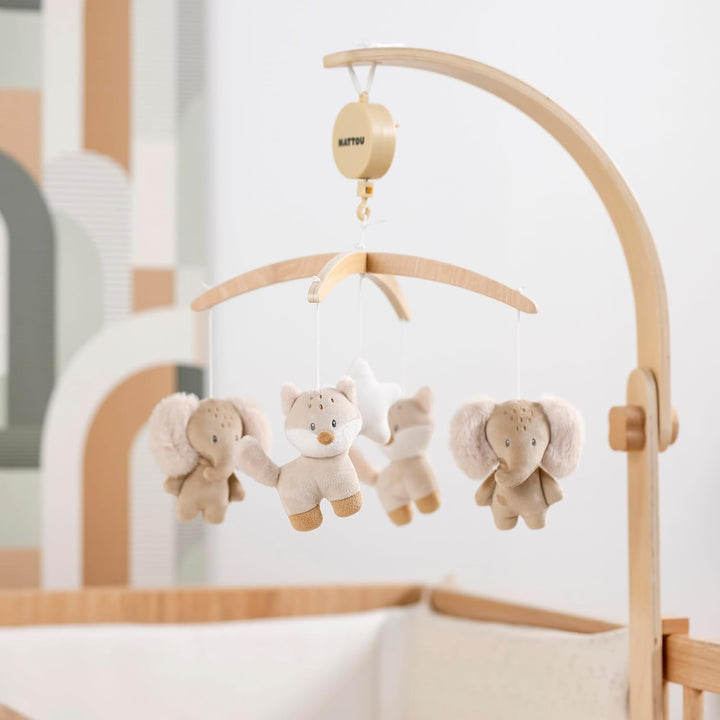 Nattou Mobile mit Spieluhr aus Holz und Polyester, Fuchs und Elefant, Sanftes Wiegelied "La-Le-Lu",
