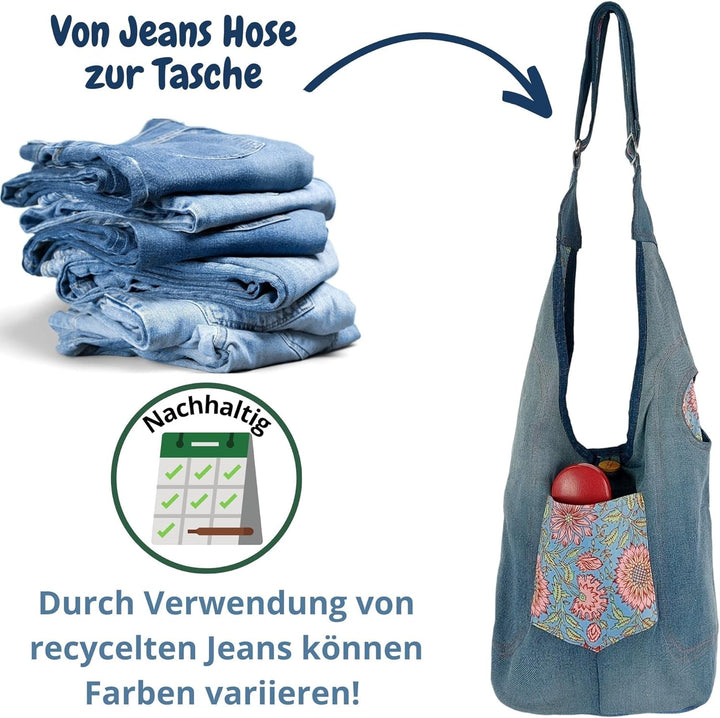 Sunsa Damen nachhaltige Hobo Tasche. Umhängetasche aus recycelte Jeans & Baumwolle. Boho blumig Cros