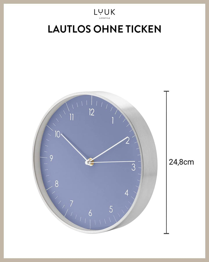 LUUK LIFESTYLE Moderne Quarz Wanduhr, Geräuschlos, 24,8cm, Hellblau &amp; Gold | geräuschlos, mit Sekund
