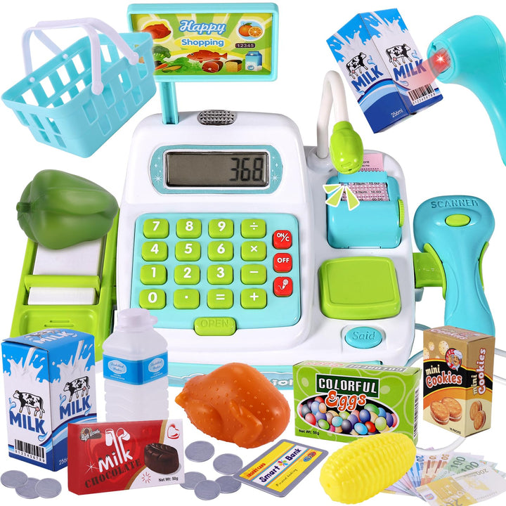 BUYGER Kinder Kasse Spielzeug, Elektronische Registrierkasse mit Scanner Mikrofon Sound Rechnerfunkt