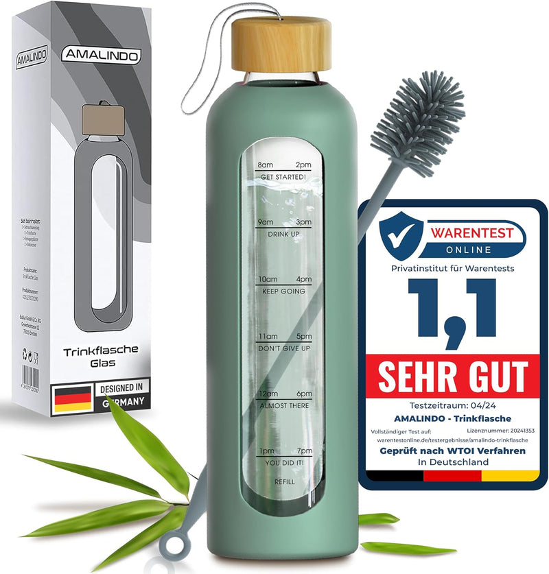 Amalindo Trinkflasche 1l Glas Bruchsicher, Wasserflasche 1l, Glasflasche 1 Liter, Trinkflasche Glas