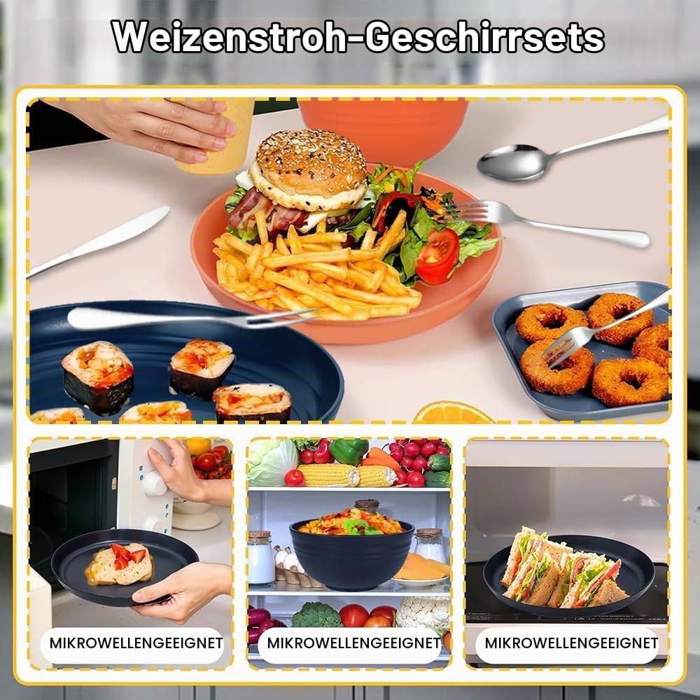 Camping Geschirr Set,Plastikgeschirr mit Edelstahl Campingbesteck,Unzerbrechliches Geschirr Set,Leic