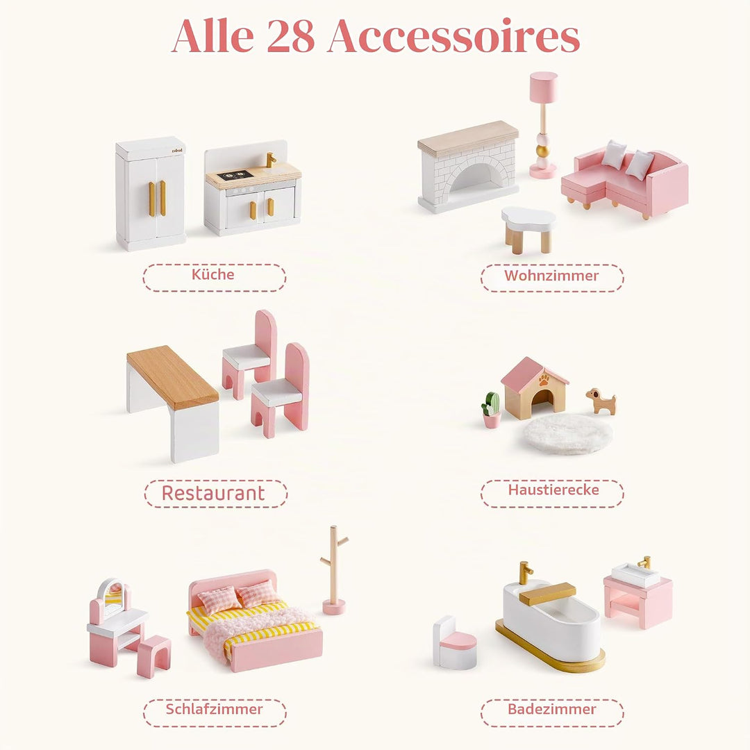 ROBUD Holz Puppenhaus Möbel Set 28-TLG, Puppenmöbel Zubehör für Puppenhaus, Schlafzimmer Küche Wohnz