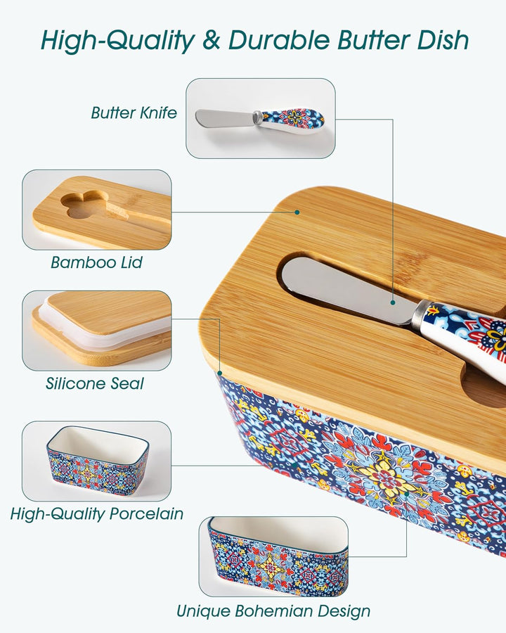 vancasso SIMI Butterdose, Hochwertige Butterglocke, Butterdose Keramik mit Messer und Holzdeckel, Bö