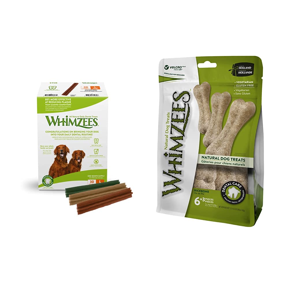 WHIMZEES Stix, natürliche, getreidefreie Zahnpflegesnacks (30 Stück), Grösse L &amp; Reisknochen, natürl