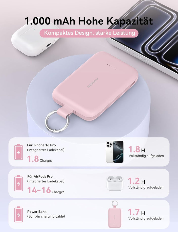 RORRY CharmGo 10000mAh Powerbank, PD 30W Schnellladen, Portable Charger mit integrierten Kabeln und