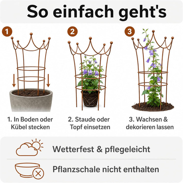 Edelrost Krone Staudenstütze, dekorative Pflanzenstütze aus Metall, nostalgisches Design, wetterfest