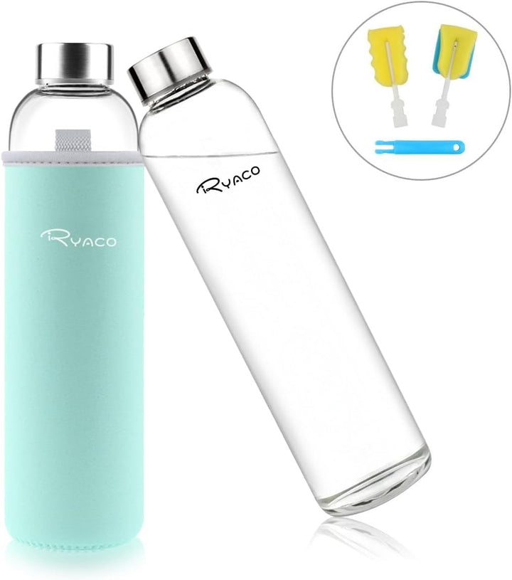 Ryaco Trinkflasche aus Glas 550ml/750ml/1000ml/1L,Glasflasche mit Neoprenhülle,Glastrinkflasche mit