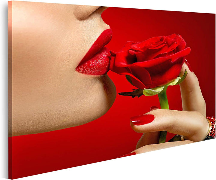 islandburner Bild auf Leinwand Schönes Model Frau Küsst Rote Rose Blume Sexy Lippen Bilder Wandbilde