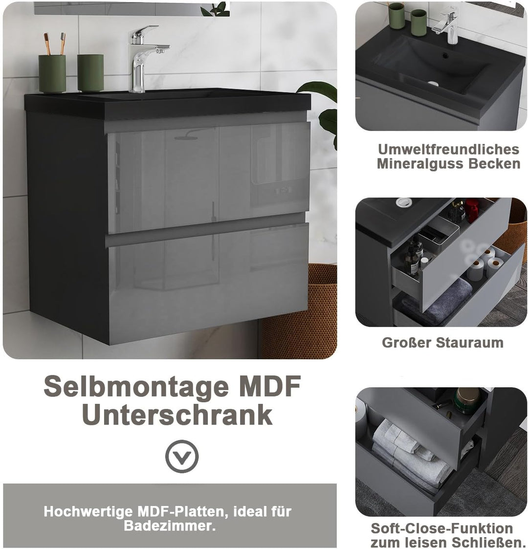 Aica Sanitär Waschtisch mit Unterschrank 60cm Alast Badmöbel Set Hochglanz Anthrazit Waschbecken Sch