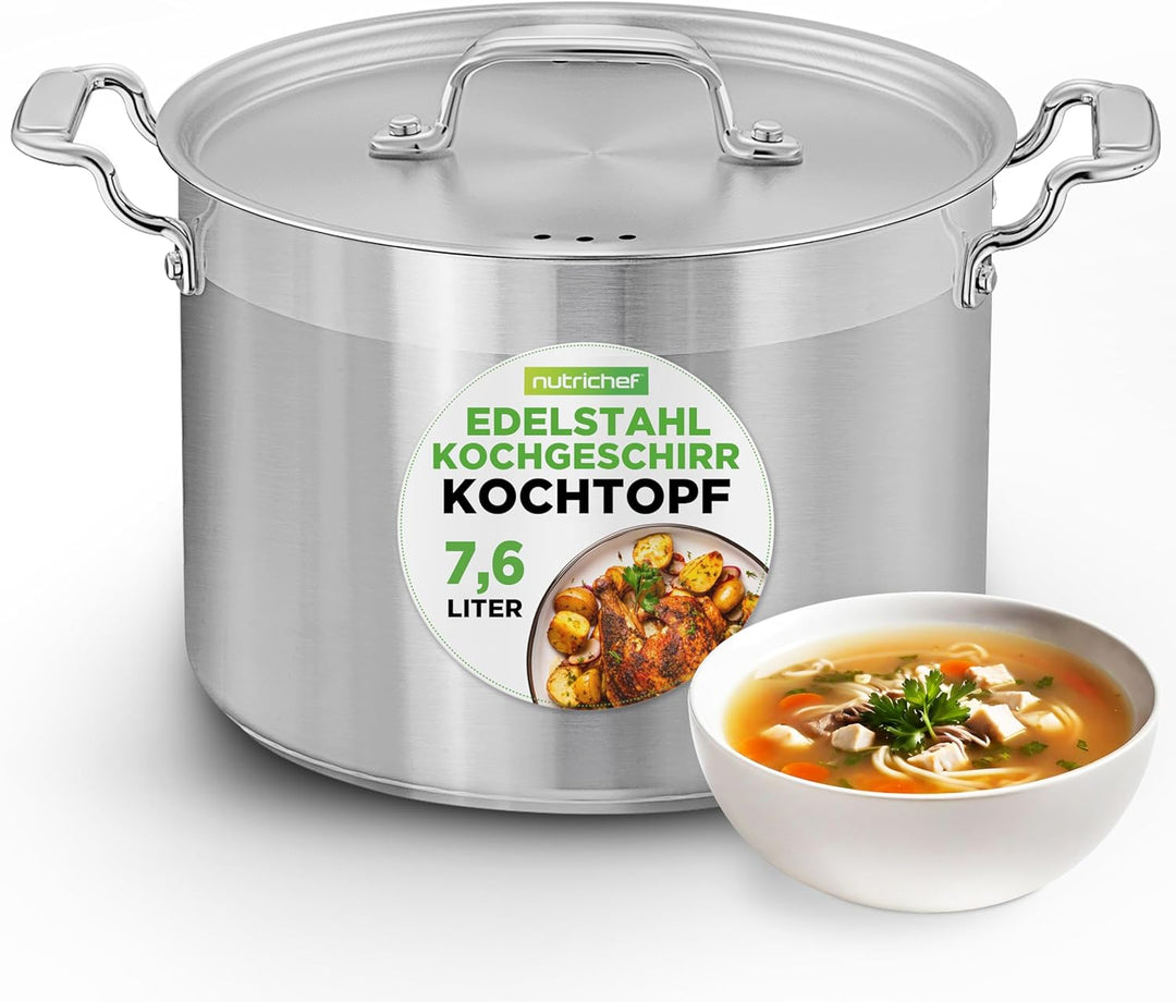NutriChef 8 Liter Edelstahl-Topf - 18/8 Lebensmittelqualität Schwerer Grosser Suppentopf für Eintöpf